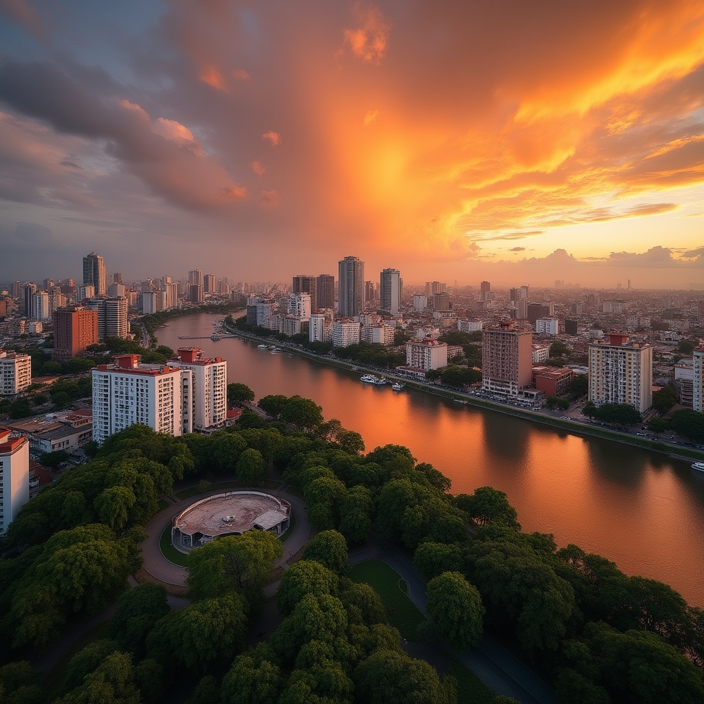 Aerial view of Asunción, Paraguay with modern neighborhoods and river