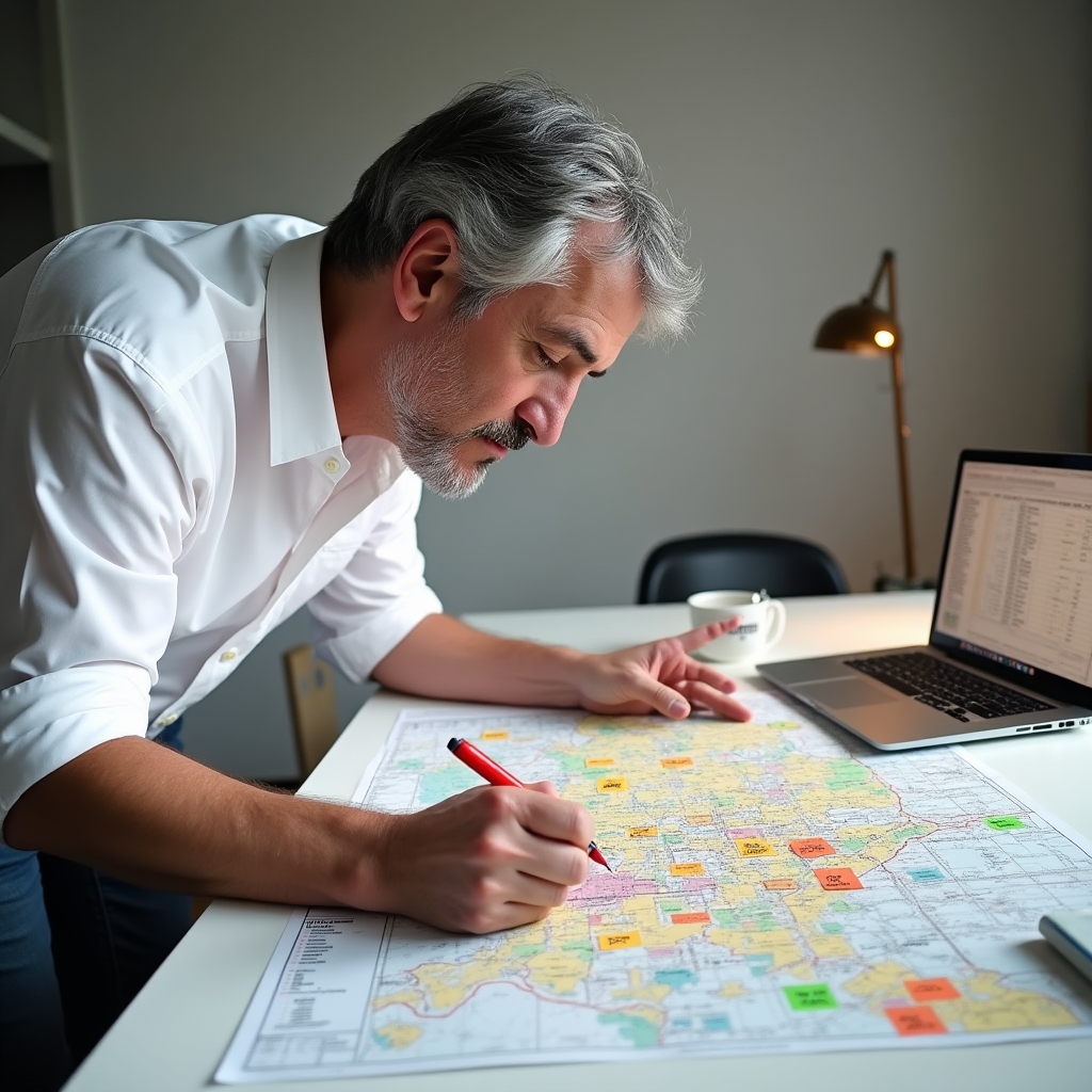 Person studying a neighborhood map with rental price annotations and colored zones on a large printed map