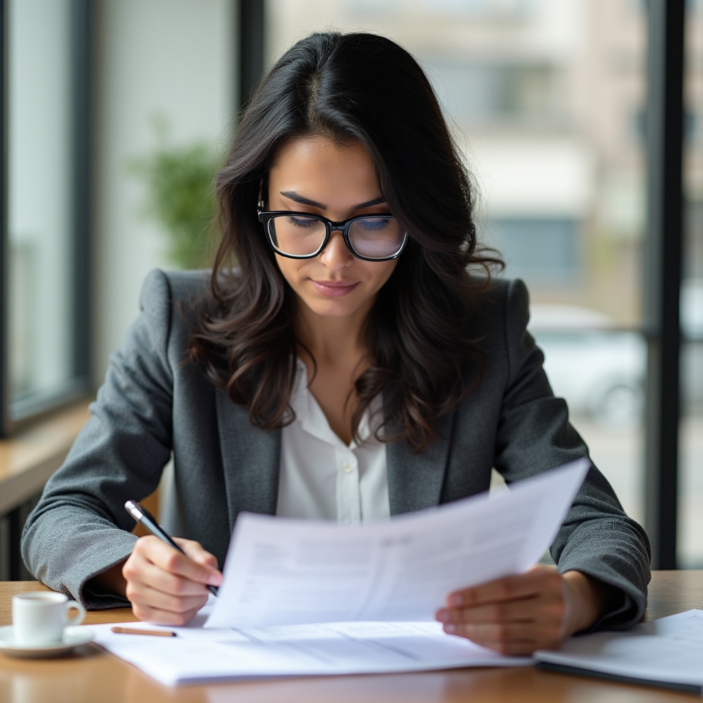 Person carefully reading a rental contract document at a desk, pen in hand, with reading glasses and natural window light