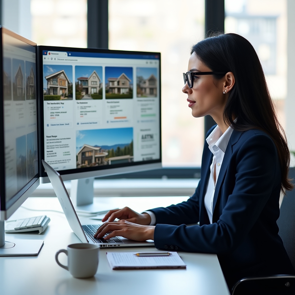 Researcher reviewing active rental listings on a computer screen in a modern office