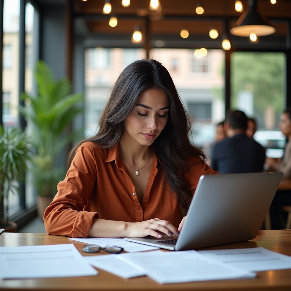 Content writer at a laptop in a bright co-working space, writing rental market guides and articles