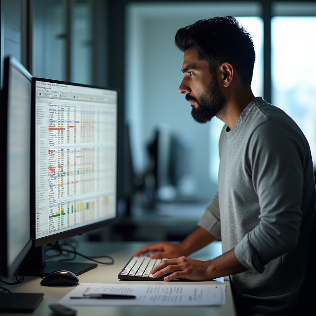Data analyst team member examining rental market spreadsheets and charts at a standing desk