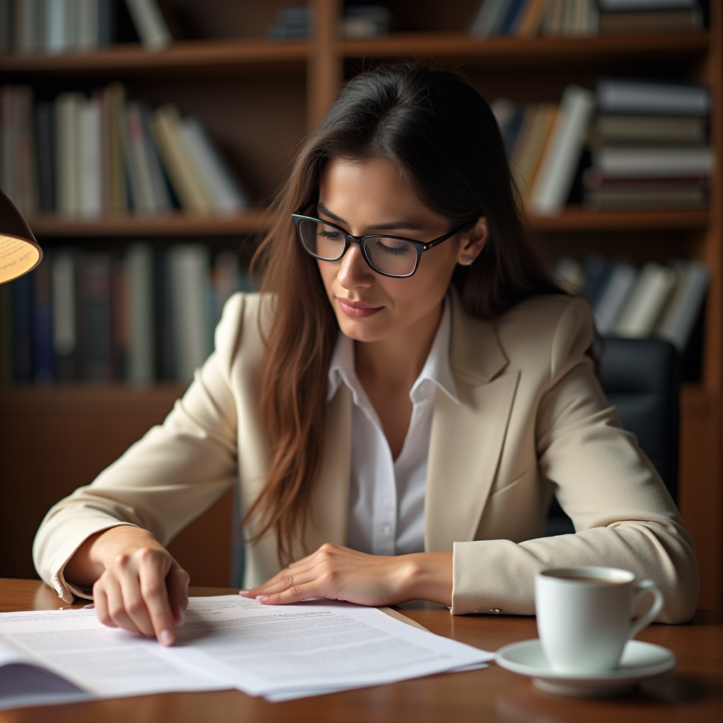 Legal content editor reviewing rental contract documents at a clean desk with legal books in background