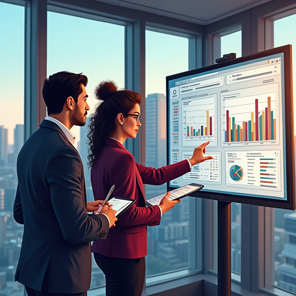 Two team members discussing rental market data charts on a large monitor in a bright modern office